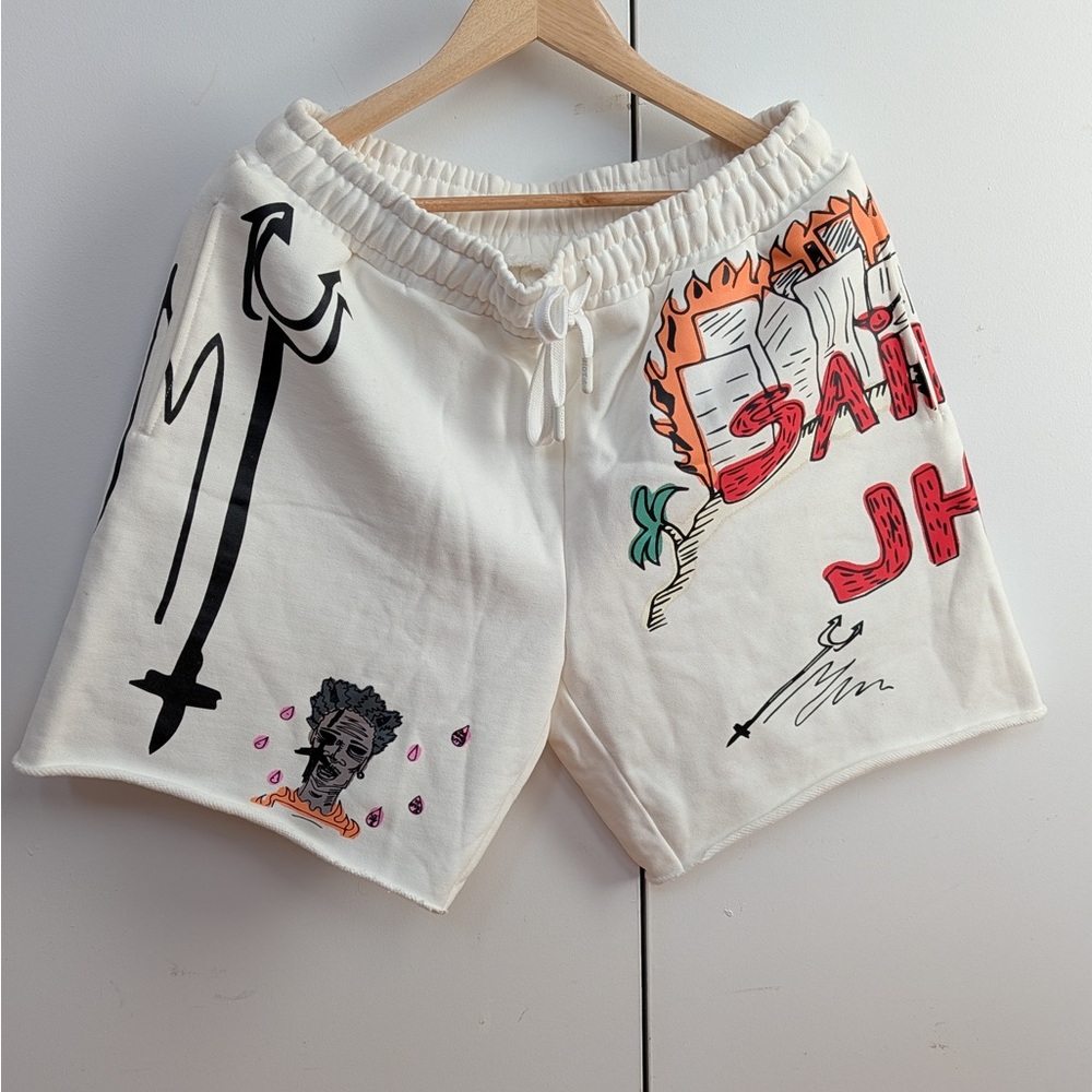 Graphic White Drawstring Shorts